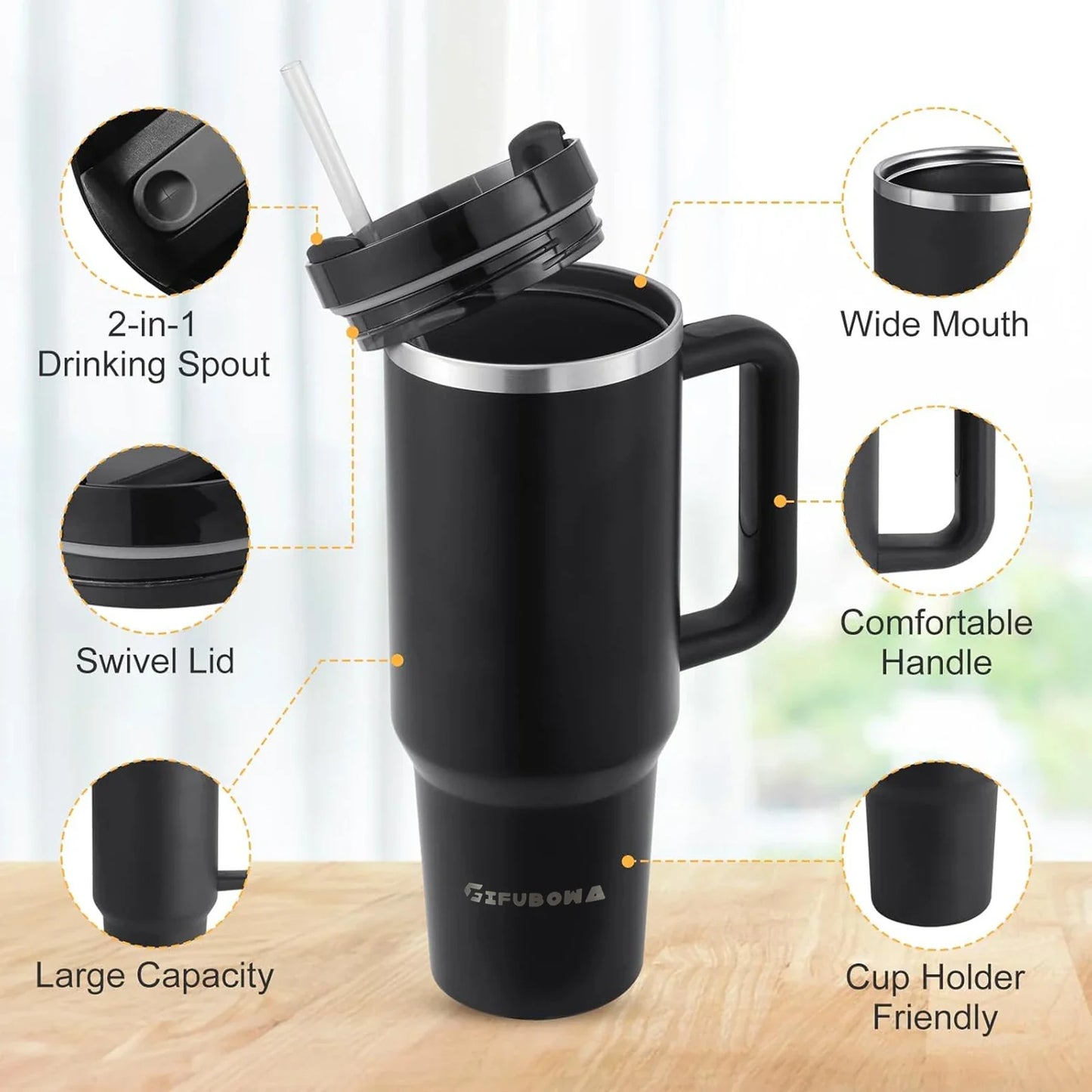 1200ml Stainless Steel Insulated Straw Water Bottle Thermal Coffee Car Cup 40oz Cold Hot Mug Vacuum Flask with Handle for Travel-1