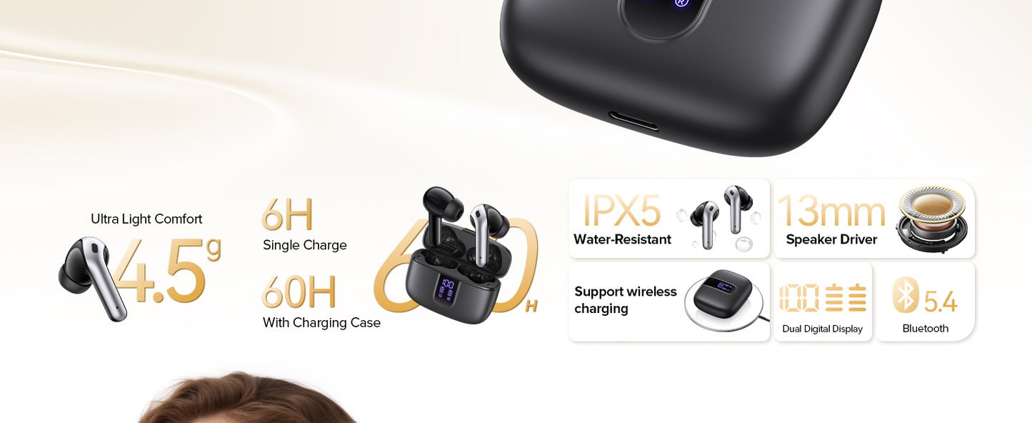 60H Tagry Bluetooth 5.3 Earphones Wireless Earbuds Black Dual Charging Earbuds With Mic