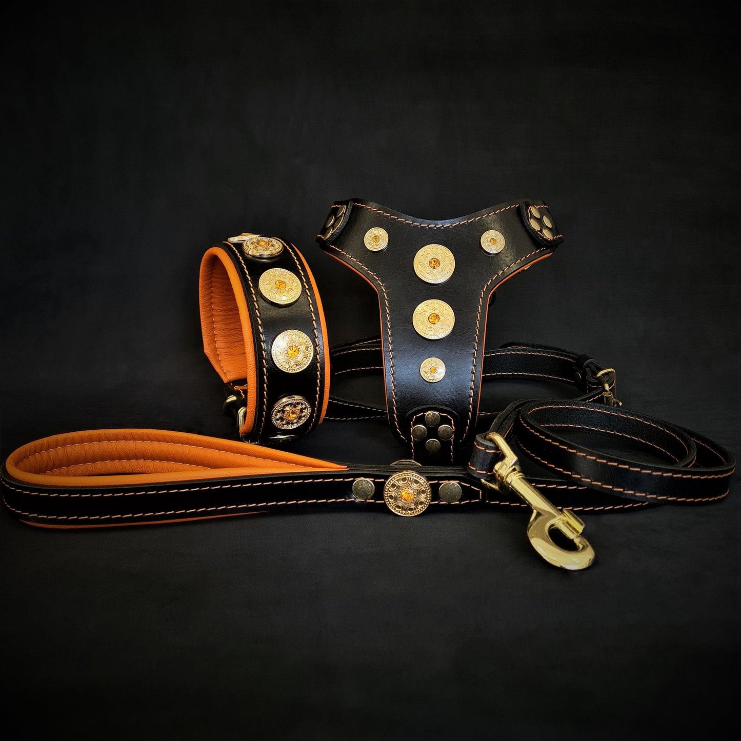 The Bijou Complete Set - Collar, Harness & Leash in Orange | European Leather - A Horizon Dawn