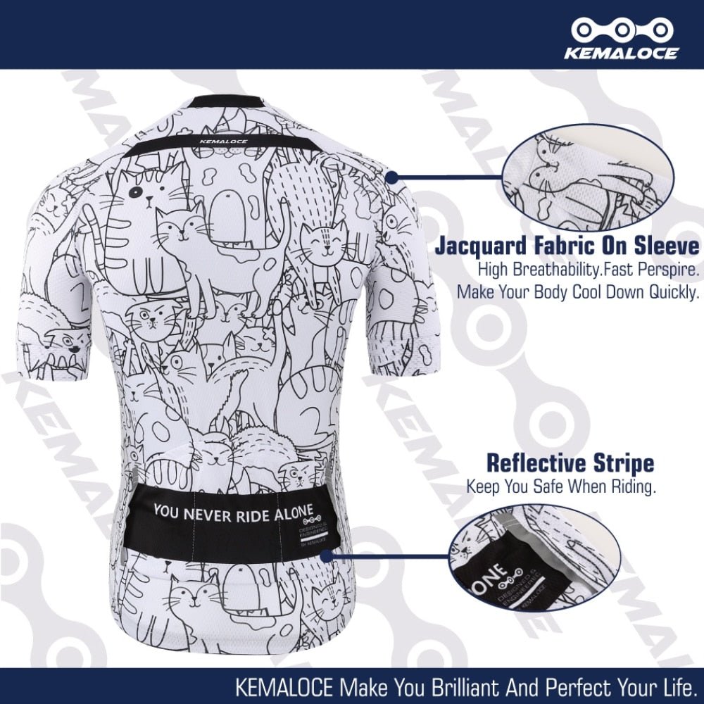 KEMALOCE Breathable Unisex White Cartoon Cat Cycling Jersey Spring Anti-Pilling Eco-Friendly Bike Clothing Top Road Team Bicycle - A Horizon Dawn