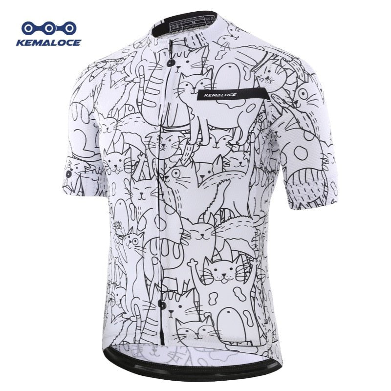 KEMALOCE Breathable Unisex White Cartoon Cat Cycling Jersey Spring Anti-Pilling Eco-Friendly Bike Clothing Top Road Team Bicycle - A Horizon Dawn
