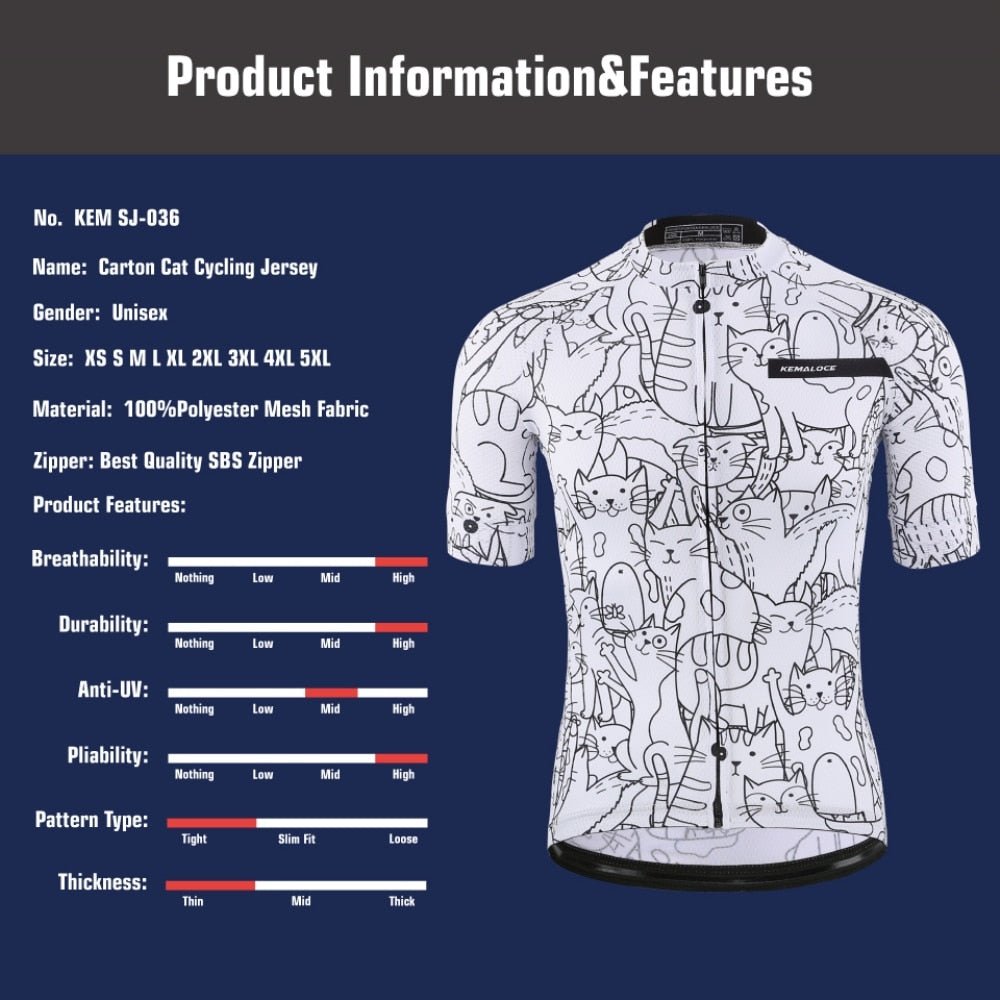 KEMALOCE Breathable Unisex White Cartoon Cat Cycling Jersey Spring Anti-Pilling Eco-Friendly Bike Clothing Top Road Team Bicycle - A Horizon Dawn