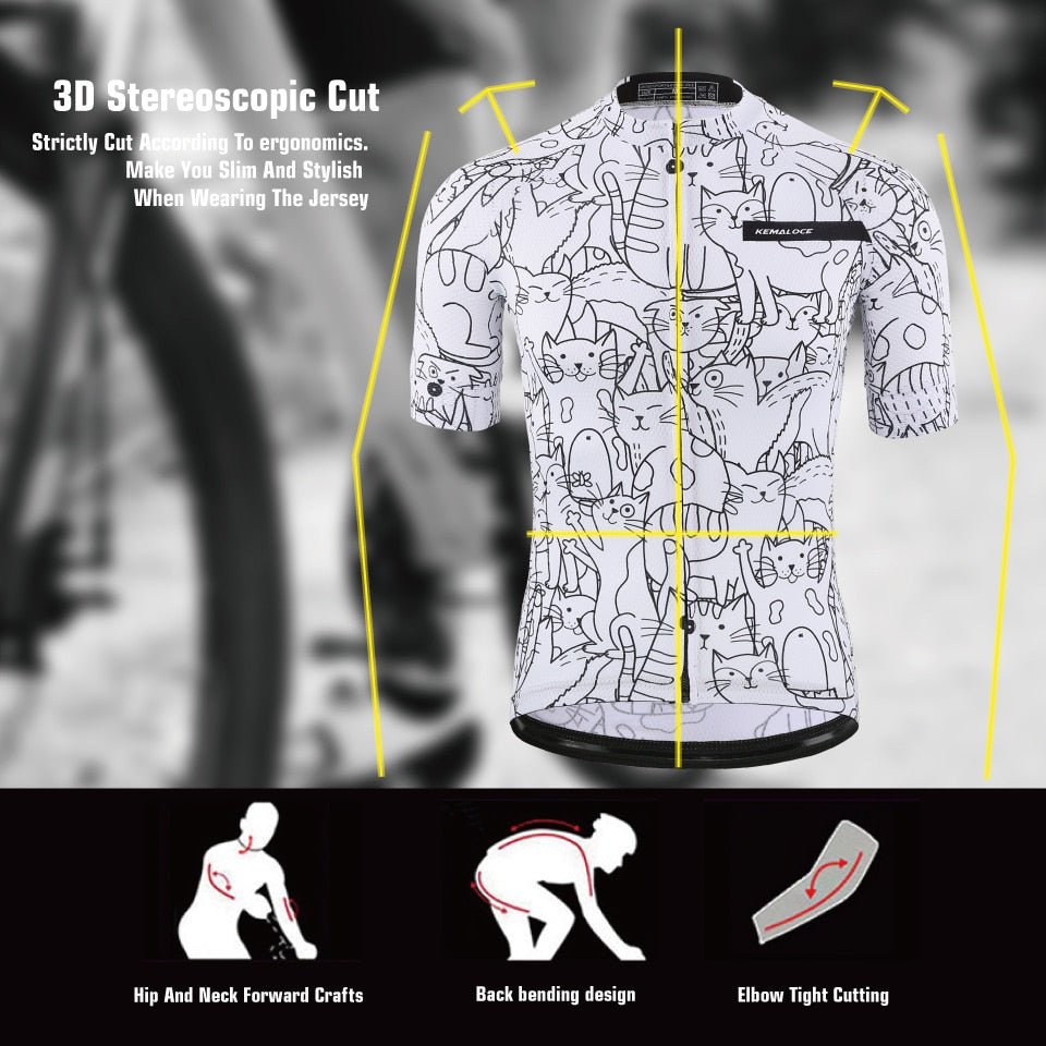 KEMALOCE Breathable Unisex White Cartoon Cat Cycling Jersey Spring Anti-Pilling Eco-Friendly Bike Clothing Top Road Team Bicycle - A Horizon Dawn