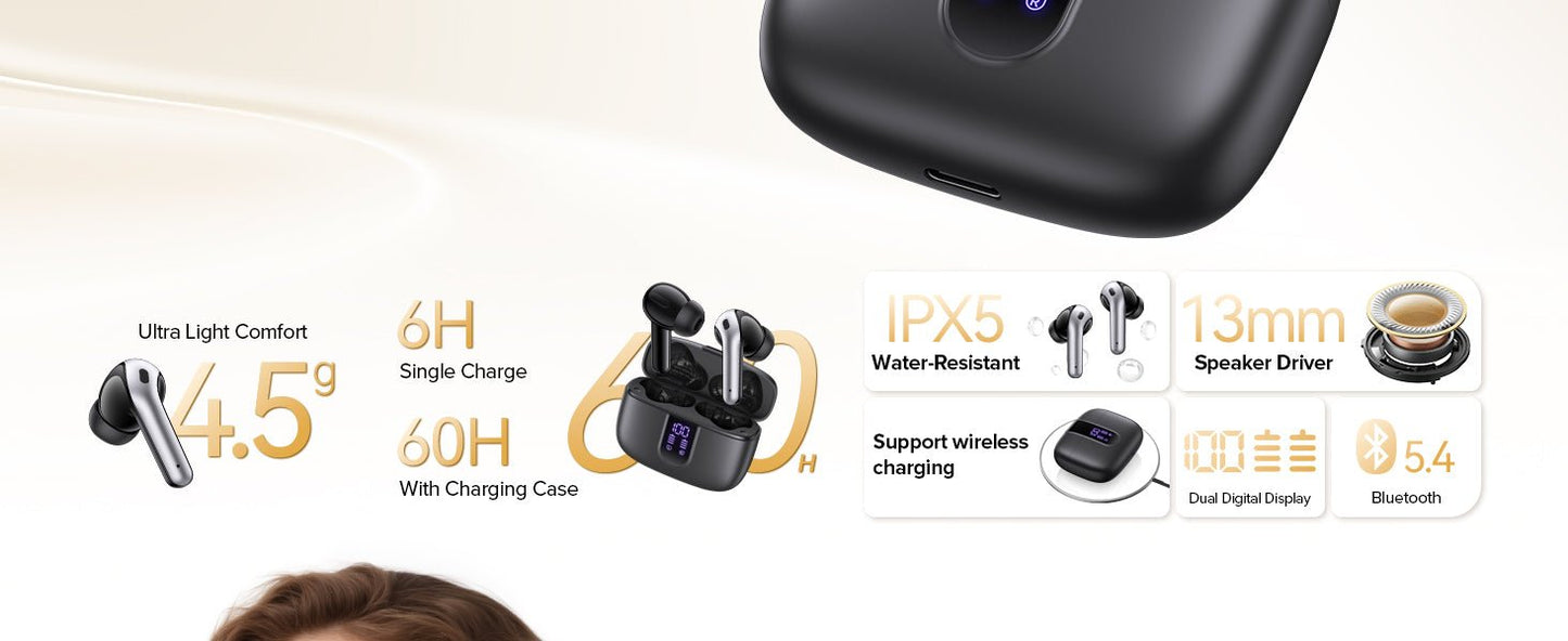 60H Tagry Bluetooth 5.3 Earphones Wireless Earbuds Black Dual Charging Earbuds With Mic - A Horizon Dawn