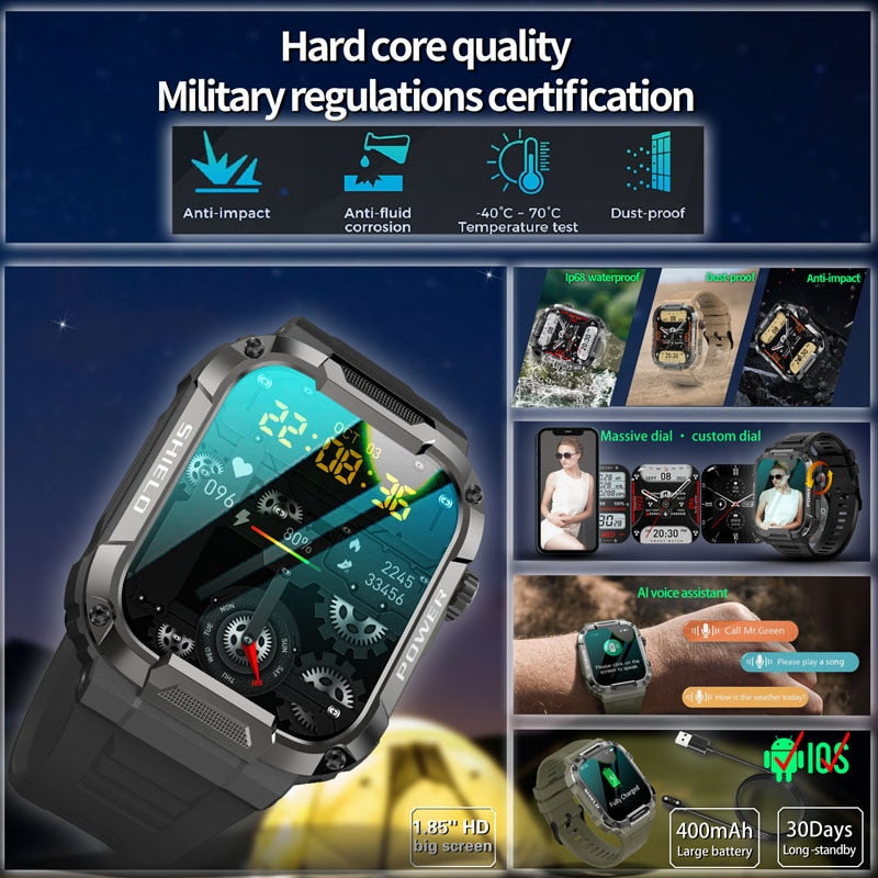 Rugged Military Smart Watch Men For Xiaomi Android Ios Ftiness Watches Ip68 Waterproof 1.85'' Bluetooth Call Smartwatch 2023 New - A Horizon Dawn 
