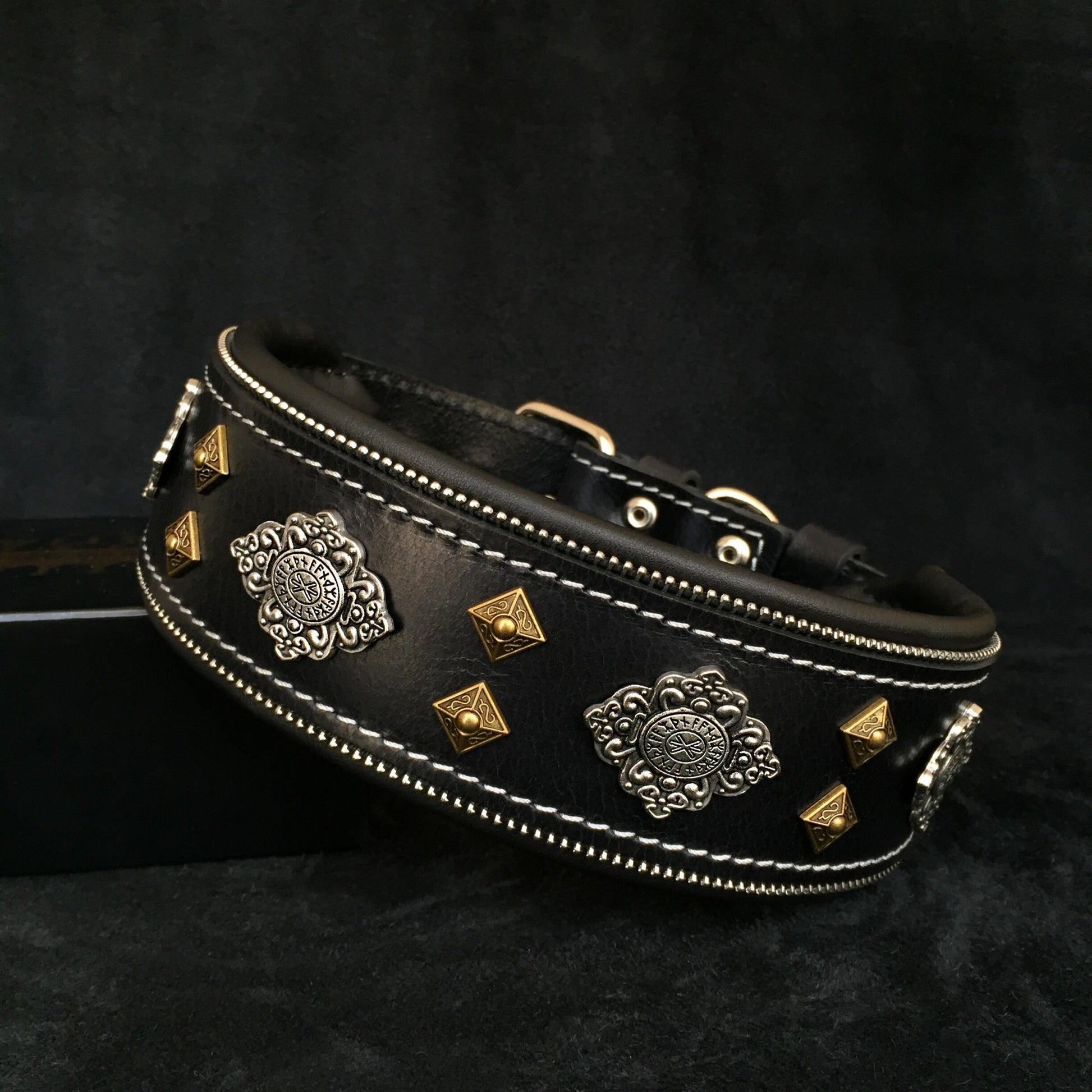 Aztec Black Leather Dog Collar - Handcrafted European Artisan Design - A Horizon Dawn