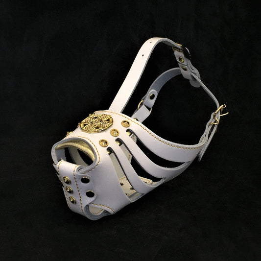 Bestia "Maximus" Basket Muzzle | White & Gold | European Leather | Large Breeds - A Horizon Dawn