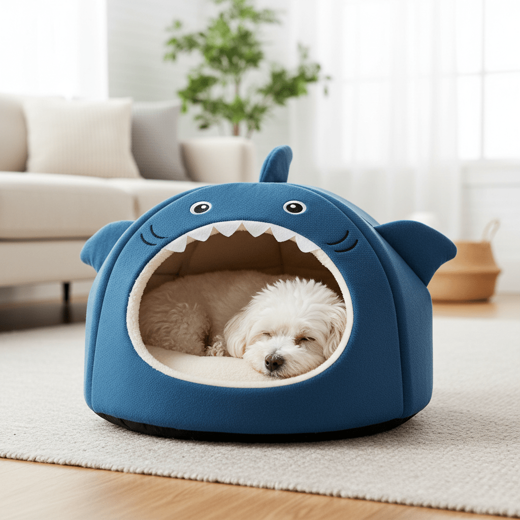 Luxury Plush Shark Cave Dog Bed | Cozy & Anxiety - Calming - A Horizon Dawn
