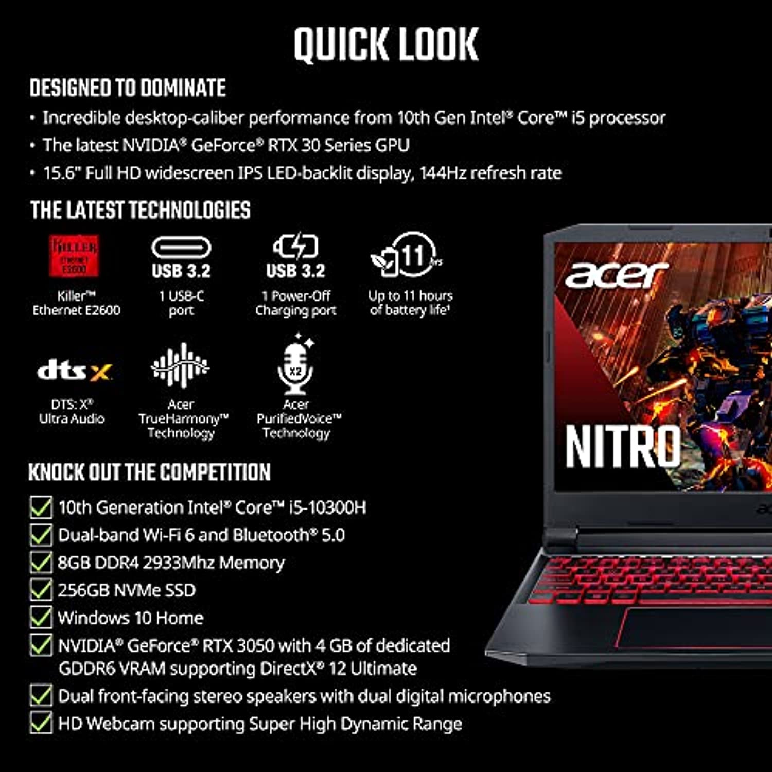 Acer Nitro 5 Gaming Laptop | Intel i5 | RTX 3050 | 15.6" 144Hz | 8GB RAM | 256GB SSD - A Horizon Dawn