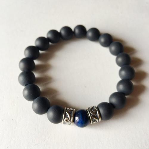 Matte Onyx and Lapis Lazuli Sterling Silver Bracelet - A Horizon Dawn